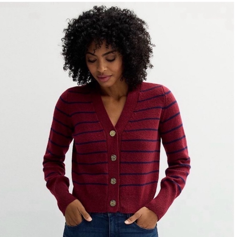 Draper James Womens Burgundy Striped V-Neck Cardigan Gold Buttons Size M